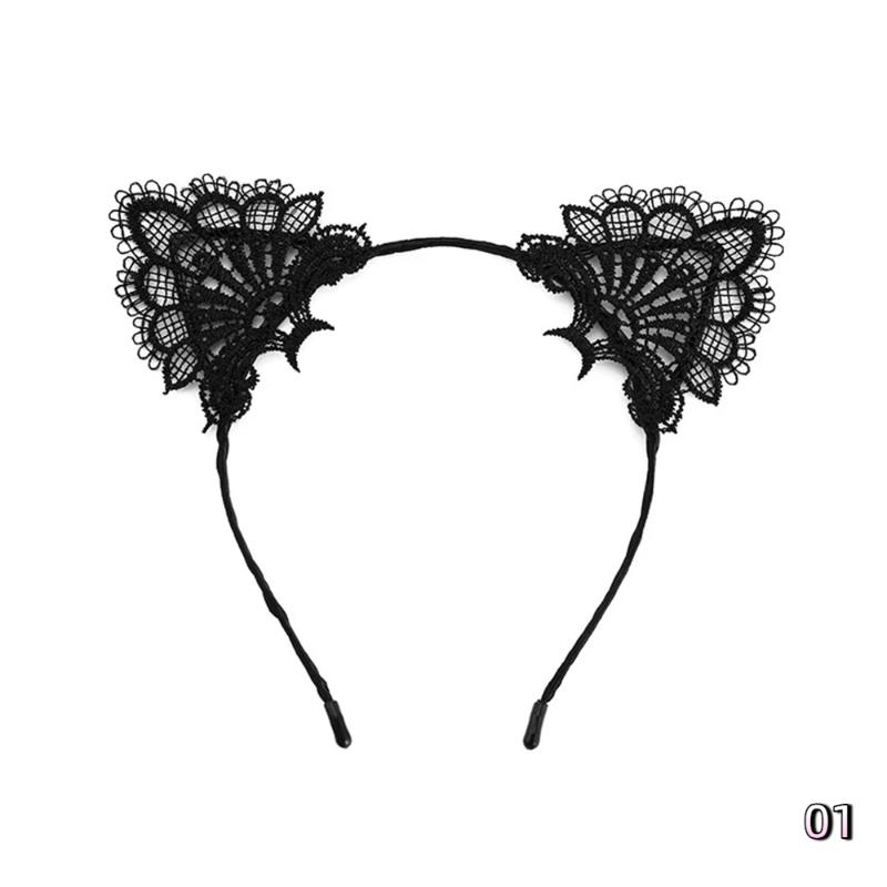 

Сексуальна чорно-біла обідок-обідок з вушками кота, мила мереживна пов язка на голову з вирізами для жінок, дівчат, на вечірку, на кожен день, маскарад, косплей, прикраса 1
