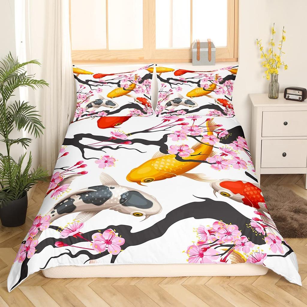 Koi Duvet Cover King Cherry Blossom Japanese Ukiyo-e Bedding Set Sakura Marine Animals Comforter Cover,Pink Romantic Quilt Cover