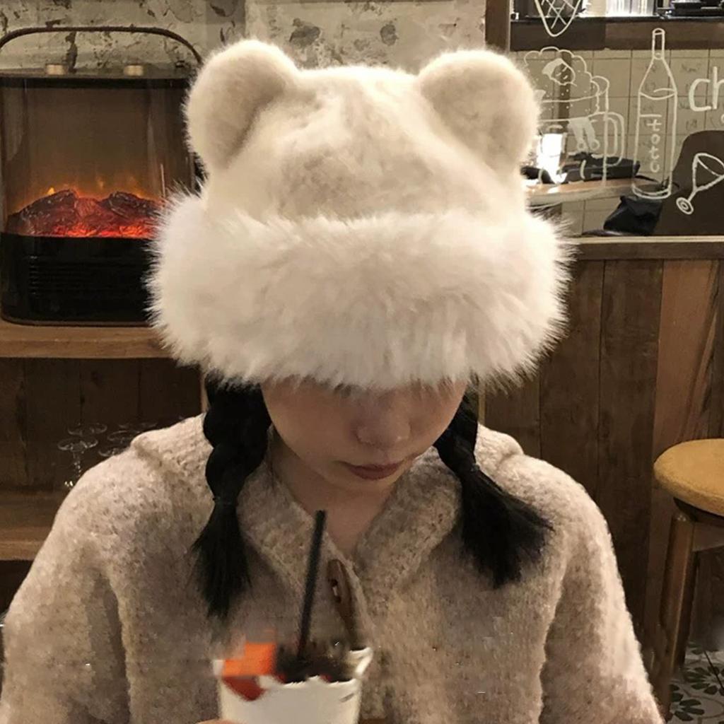 Retro Fuzzy Bear Ear Beanie Hat Pom-pom Ears Bucket Hats for Men and Women Winter Russian Thickened Warm Ear Protector Basin Cap