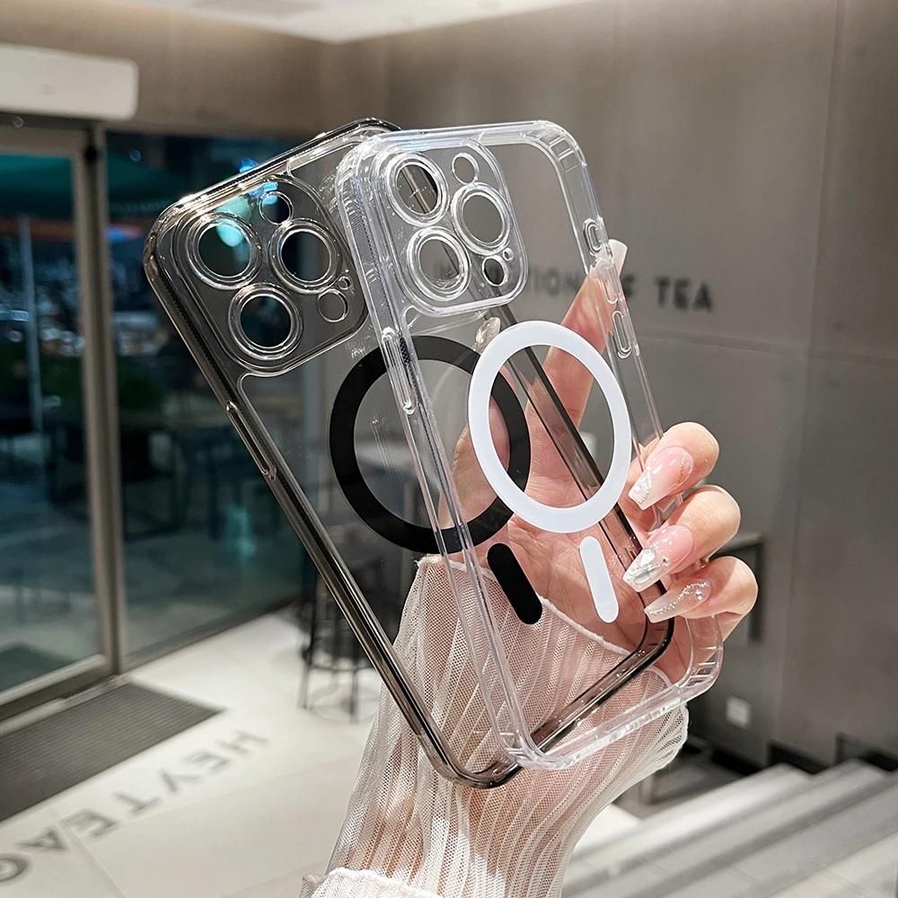 Magsafe Magnetic Wireless Charge Phone Case For iPhone 15 14 Plus 13 12 11 Pro Max Soft TPU Edge Clear Acrylic Back Cover T21