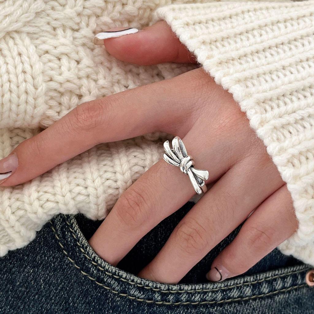 Yinruitai S925 Sterling Silver Bow Knot Ring - Autumn/Winter Retro Korean Women's Fashion.