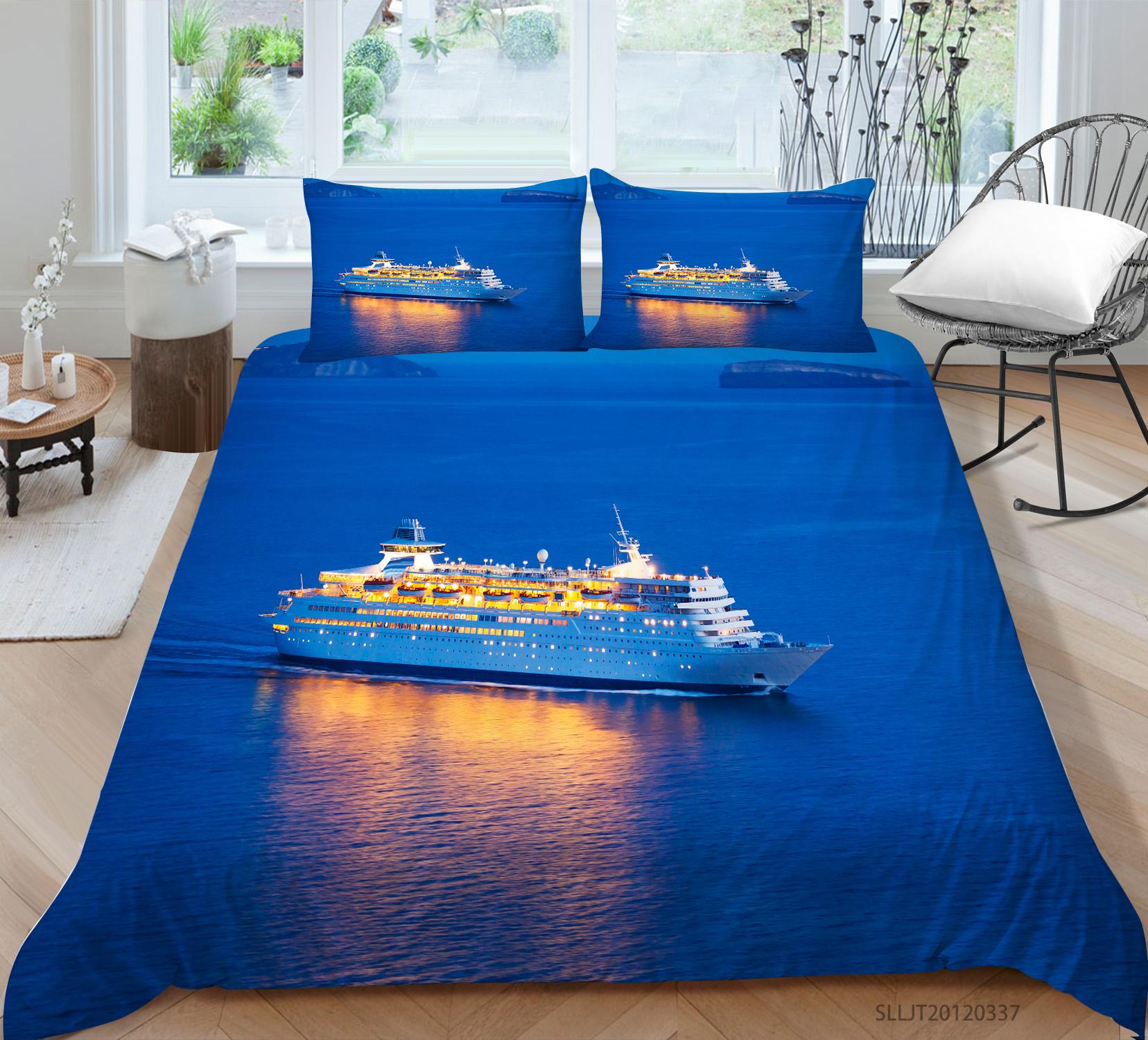 

3D Bedding Single Double Bed Full Size Ship Printed Pillowcase and Quilt Cover 2/3 Pieces of Comfortable Household Bedding for Boys and Men Room EU Single 135x200cm