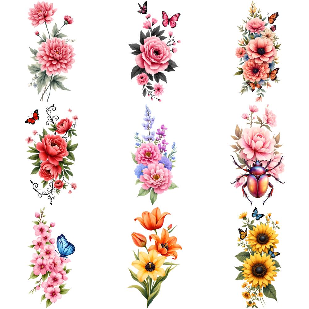 9 Stück Temporäre Tattoos Temporäre Tattoo-Aufkleber Florale Laterne Gelbe Sonnenblumen Orange Lilien Für Schultern Rücken Erwachsene