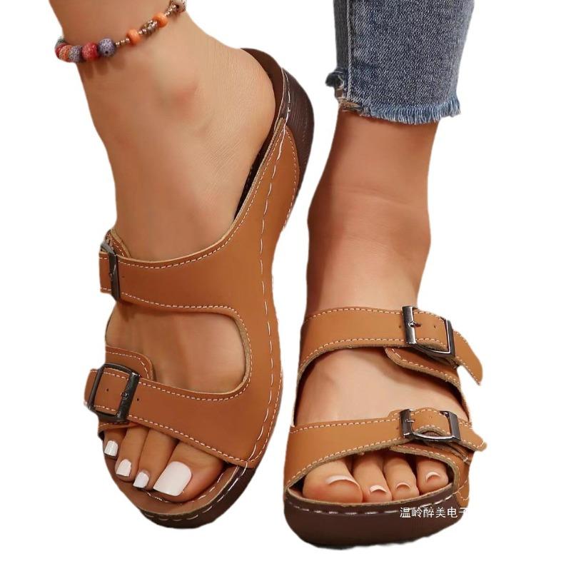 European Size Large Size Thick-bottomed Belt Buckle One-word Slippers Women's Slope Heel Sewing Line Open-toed Beach Cool Slippers