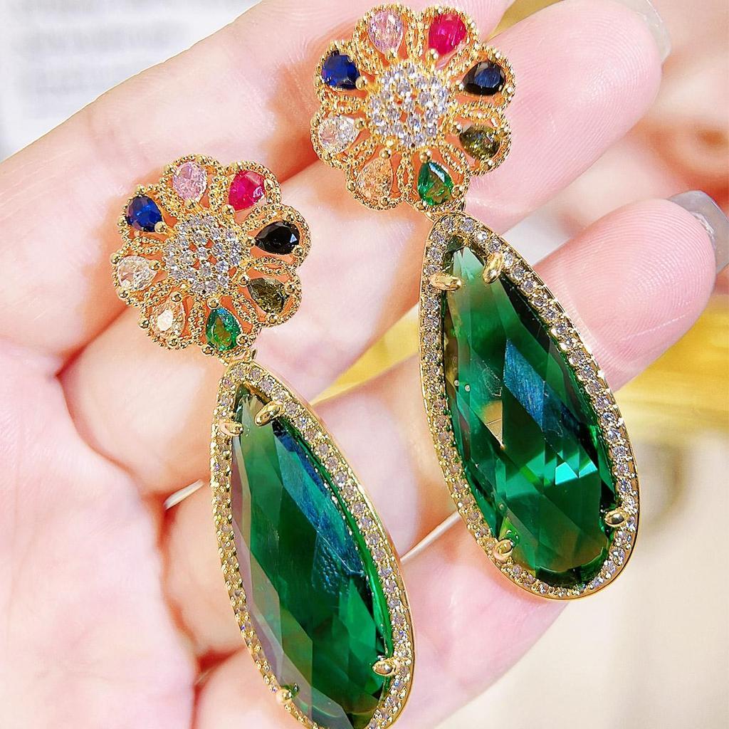 WWJ Unique Sense Of Plant Flower Design Long Light Green Pendant Earrings Heavy Industry Zircon Ladies Party Jewelry