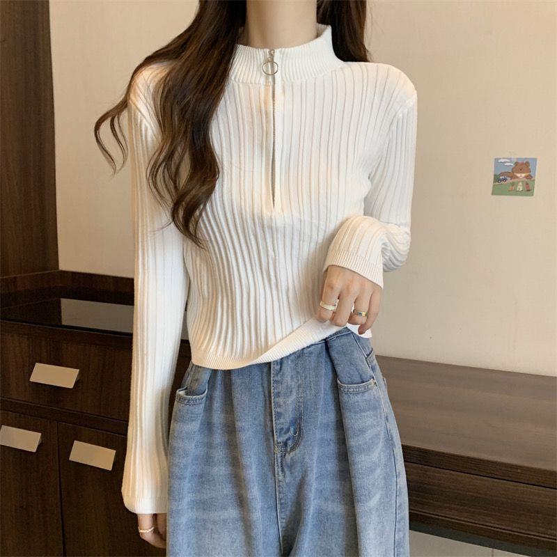 Zipper semi-turtleneck thickened women s new foreign style slim fit sweater short top S recommendation 35-42.5kg