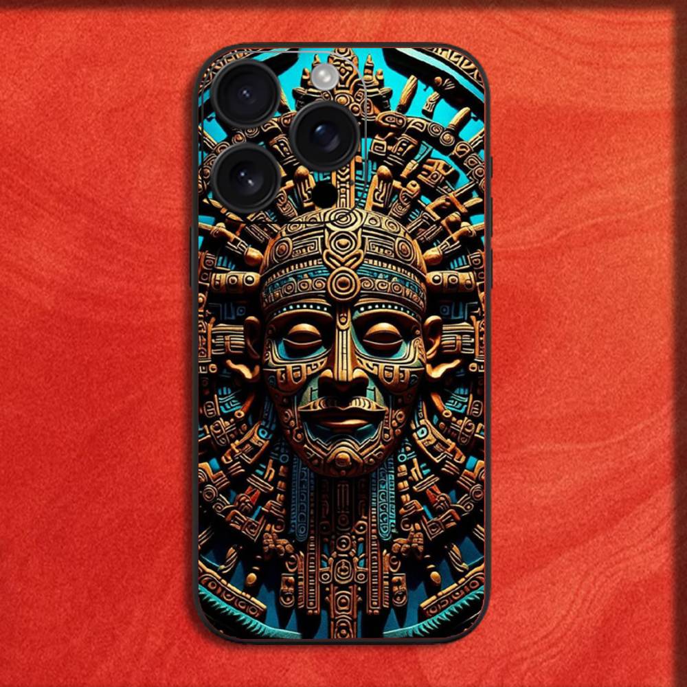 Mayan Aztec Calendar Statue Phone Case For iPhone 16,15,14,13,12,11,Pro,XS,Max,XR,Plus,E,SE4,Mini Black Fashion Cover