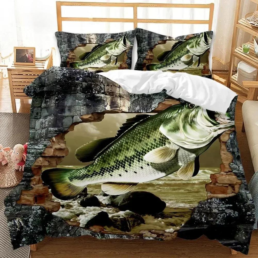 Pike Fish Bedding Striped Bass Big Pattern Hunting And Fishing Themed Duvet Cover For Kids Boys BedRoom Decorations For Teens