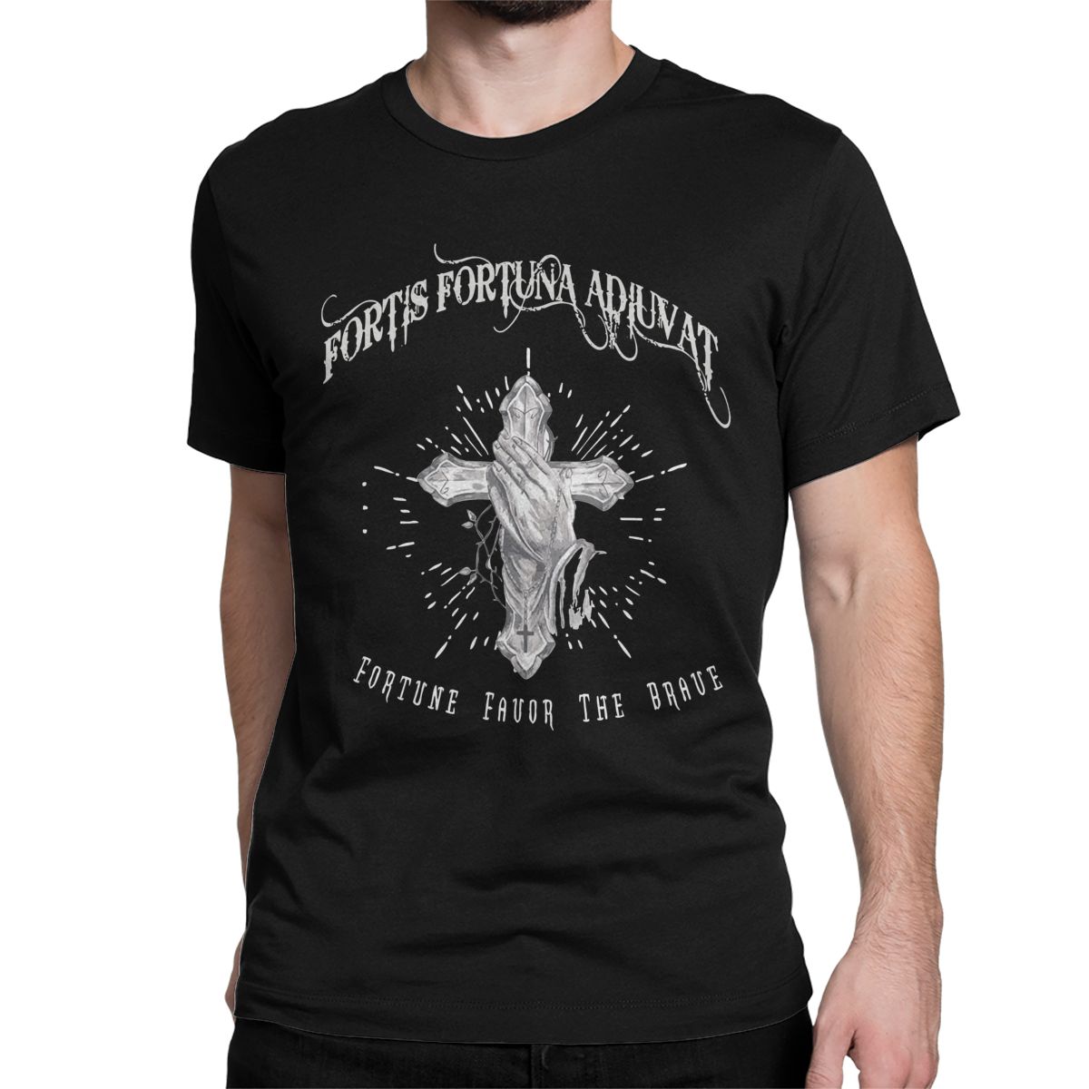 

John Wick Fortis Fortuna Adiuvat Cross And Hand Tattoo T-Shirt Men Women Cotton Tees Short Sleeve T Shirt Plus Size Clothes M