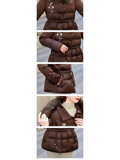 Mom's Winter Fashionable Embroidered Down Jacket with Wool Collar for Middle-Aged and Elderly Women