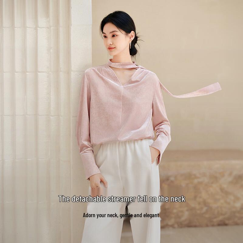 Xiangying Shijian Women's Velvet Long-Sleeve V-Neck Blouse