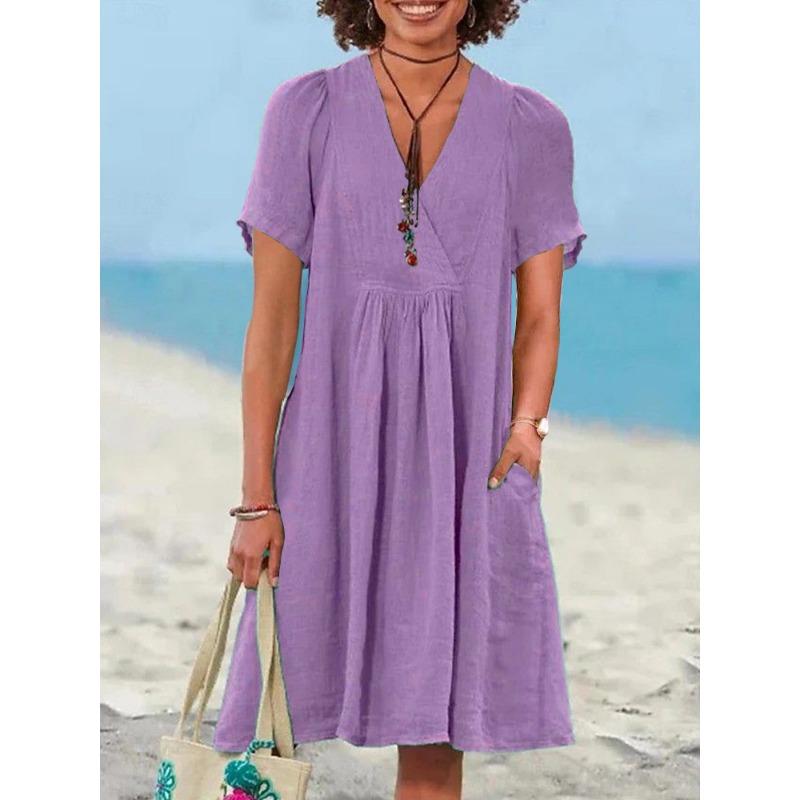 

Летнее новое женское повседневное ретро платье из хлопка и льна с коротким рукавом S фиолетовый