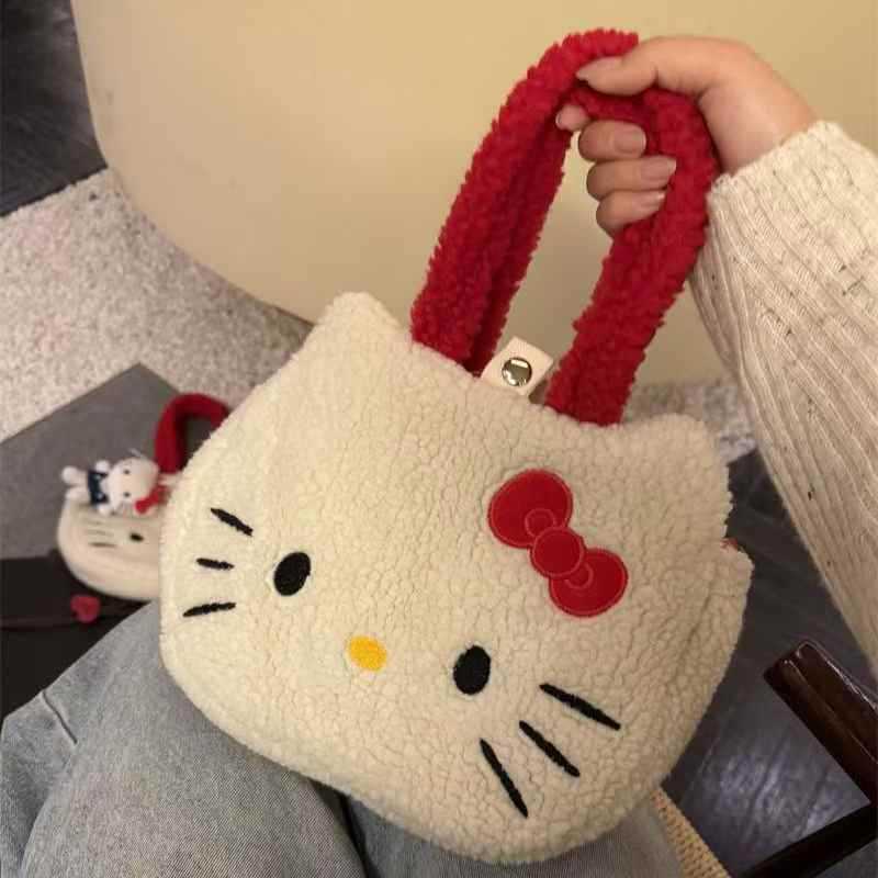 

Cute Kitty autumn and winter cat handbag lamb plaid wrist cartoon commuter bag handbag woman