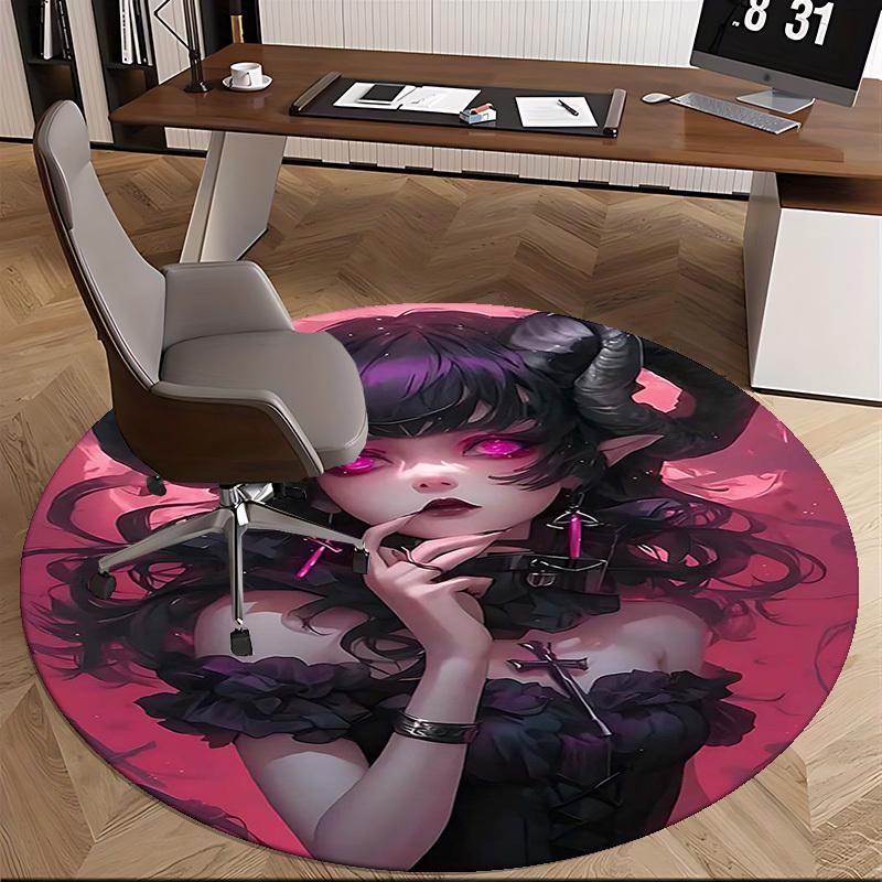 1pc Gothic Devil Girl Round Carpet Anime Design Office Chair Mat, Anti Slip Rug for Home Decor, Living Room, Bedroom, Game Room, Festival Gift