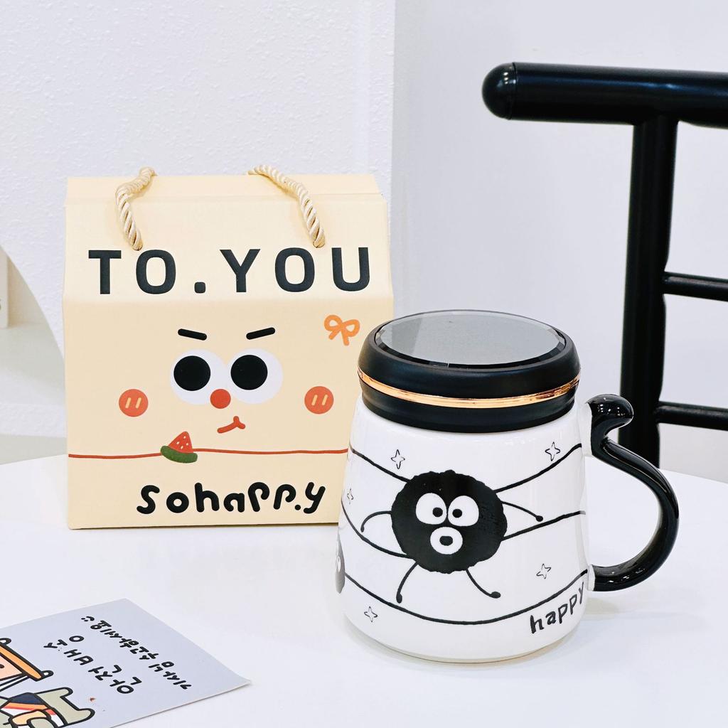 Personalized Mirror Cup with Lid Cartoon Monster Ceramic Mug Dustproof Gift Box Water Cup Home Set Office