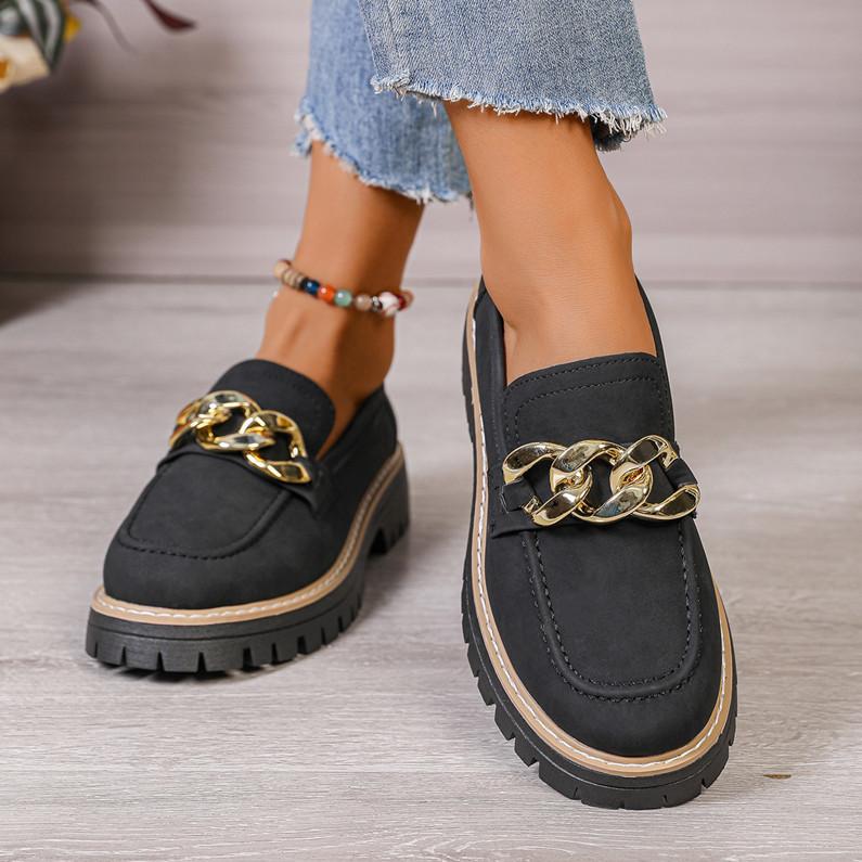 European and American Style Large Size Round Head Thick Sole Metal Chain Low-top Single Shoes Women's Thick Heel Thick Sole Foot Cover Lazy Loafers