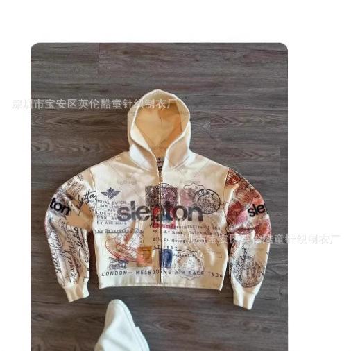 New Zipper Abstract Art Sweater Ruffian Handsome Internet Celebrity Hooded Cardigan Jacket