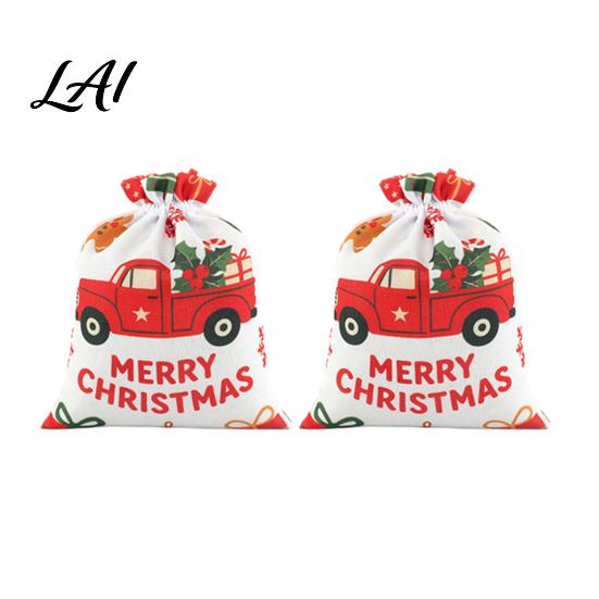 Festival Treat Packaging 2Pcs Christmas Drawstring Gift Bags Xmas Tree Reindeer Printed Candy Decoration Pouches Pouches Reusable Fabric Holiday