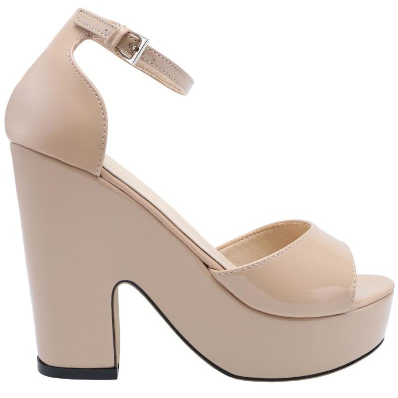 Ženy Sandály Léto Sexy Peep Přezka Pásek Sandál Čtvercový Tlusté Vysoké podpatky Flock Platforma Černá Party Červená Svatební boty