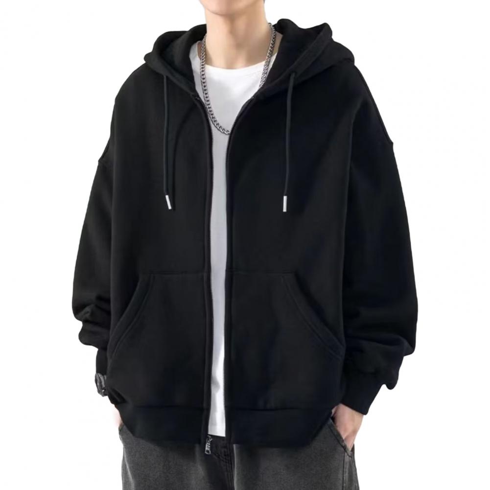 Men Fall Winter Hoodie Drawstring Loose Zip-up Long Sleeves Pockets Hooded Plus Size Cardigan Thin Pure Color Daily Wear Casual