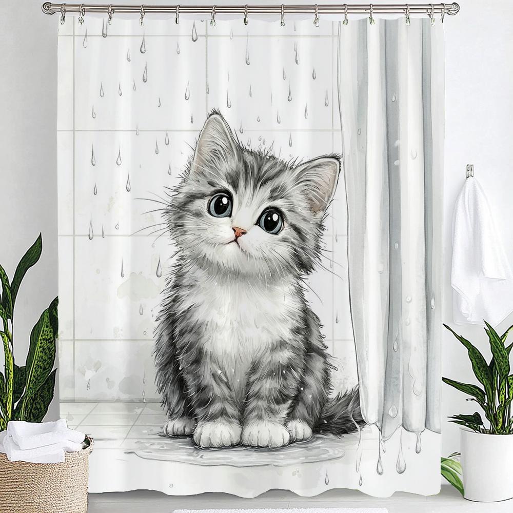 

Cartoon Cute Cat For Bathing Shower Curtain, Bathroom Decorative Shower Curtain, Printed Fabric Home Curtain With Hooks W60H190(CM)-1 Pcs