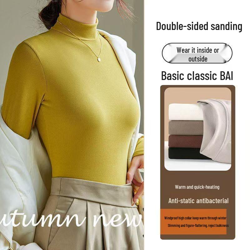 Elegantní dámské pletené tričko s polozvýšeným krkem - Lehký luxus, s dlouhým rukávem a tenké na podzim/jaro.