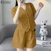 ZANZEA Women Short Sleeve Blouse and Shorts Summer Two Piece Suit Sets