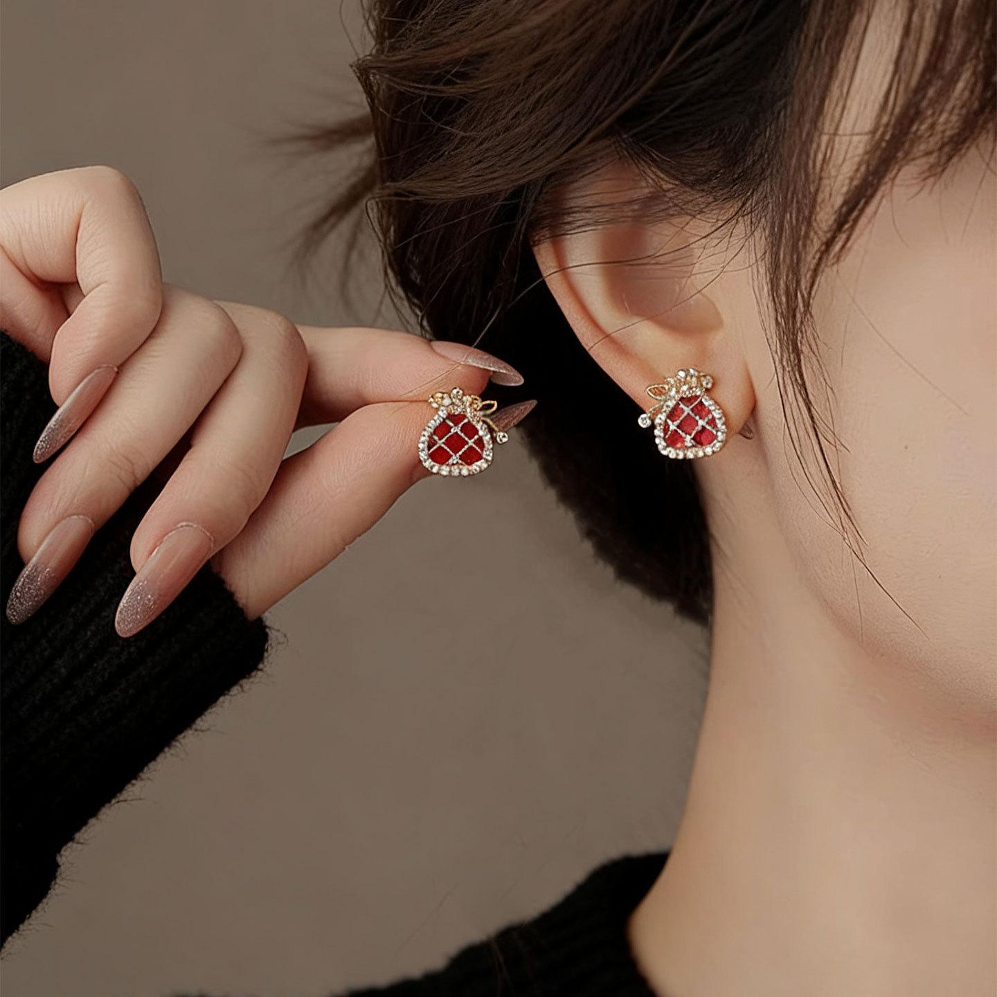 18k electroplated new Chinese zircon lucky bag pearl stud earrings simple earrings