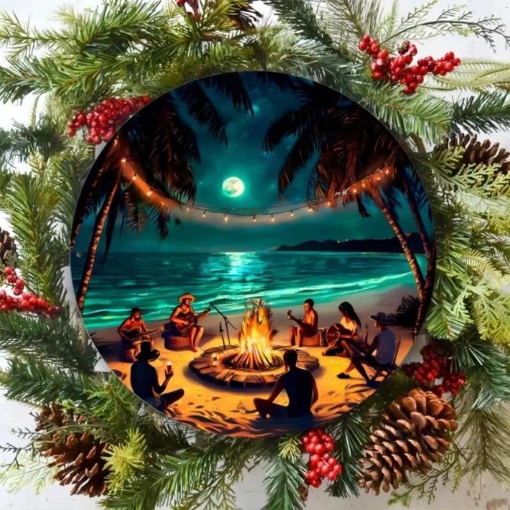 Metal Wall Art Moonlit Beach Palm Tree String Lights Office Cafe Decor Beach Theme Room Wall Decor