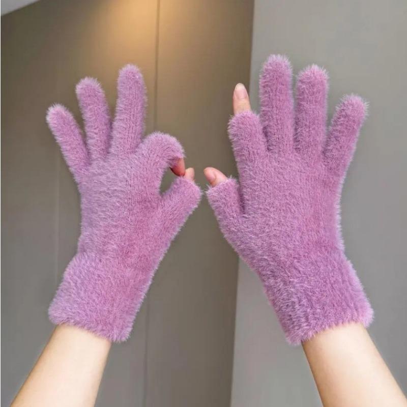 Winter Two-finger Half-dew Finger Ten-needle Jacquard Plush Warm Knitting Thickened Student Model Winter Two-half-finger Hand