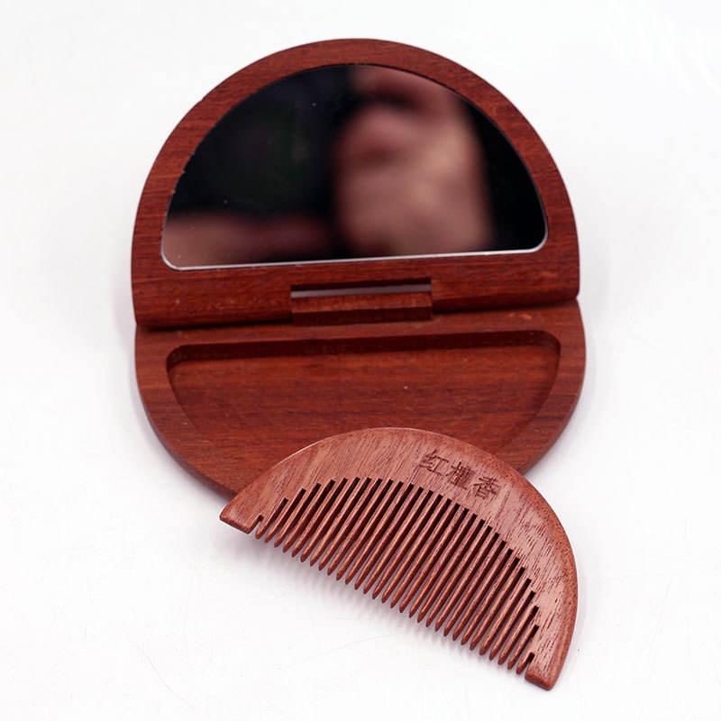 Custom Logo Luxury 2 In 1 Wooden Comb Mirror Set Vintage Foldable Pocket Mirror with Comb Travel Portable Hair Comb with Mirror