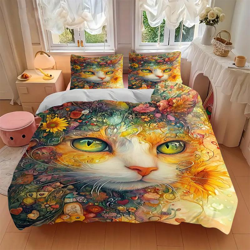 3pcs Noble Cat Art Design Bedding Set - 1 Soft Quilt Cover + 2 Pillowcases, Machine Washable - Suitable for All Seasons, Perfect Gift for Fa