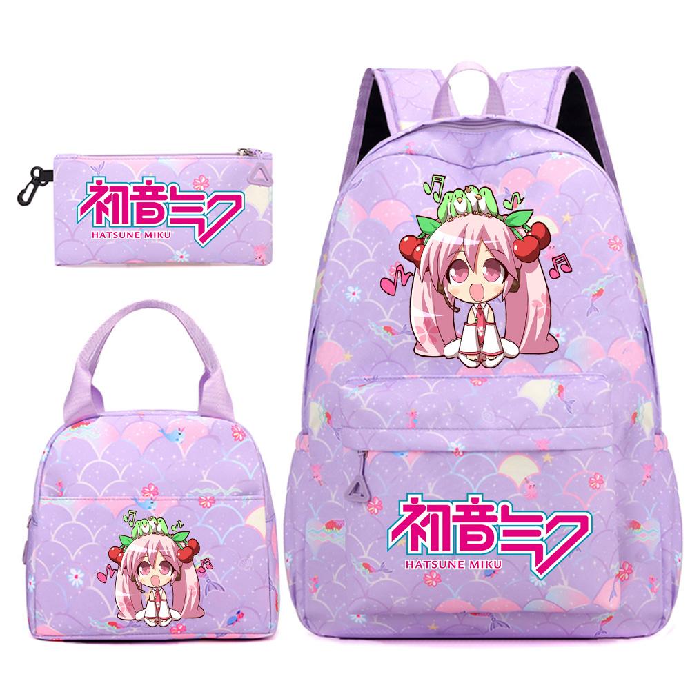3 Stück/Set Anime Cartoon Hatsune Miku Bedruckter Rucksack Handtasche Federmäppchen für Teenager Schüler Mädchen Jungen Große Kapazität Wasserdicht Schultasche Reisetasche
