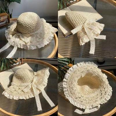 Lace Side Foldable Straw Hat Female Summer Hand-woven Hollow Bow Sun Hat Sunscreen Sunshade Beach Hat