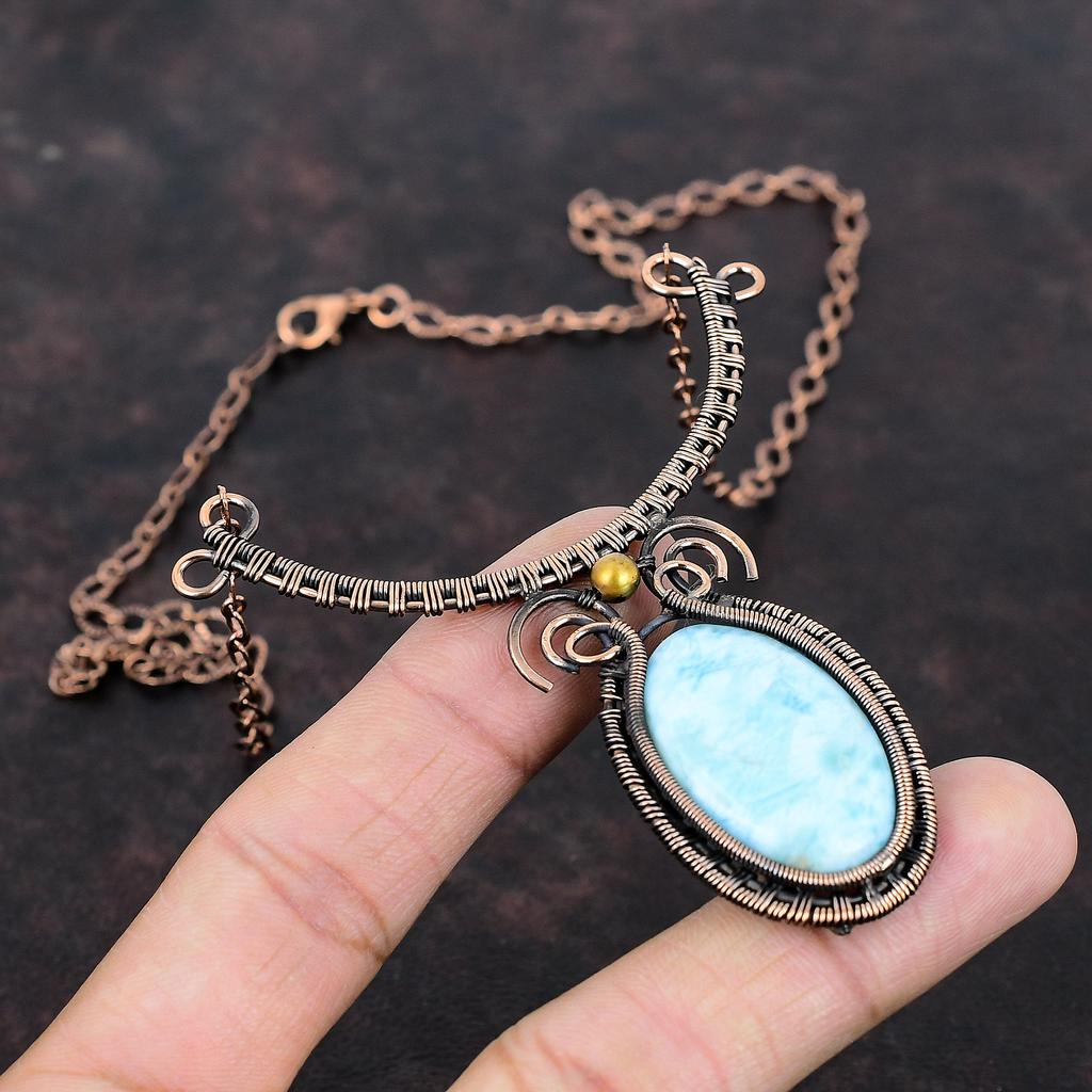 Larimar Necklace Copper Wire Wrapped Jewelry Gemstone Necklace Adjustable Necklace Copper Wire Wrapped Necklace Handmade Jewelry For Gifts