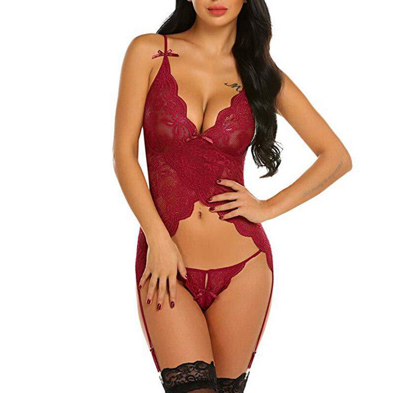 Exotischer sexy Pyjama, Netz-Perspektive, hohles Nachthemd, sexy tiefer V-Pyjama + Tangas