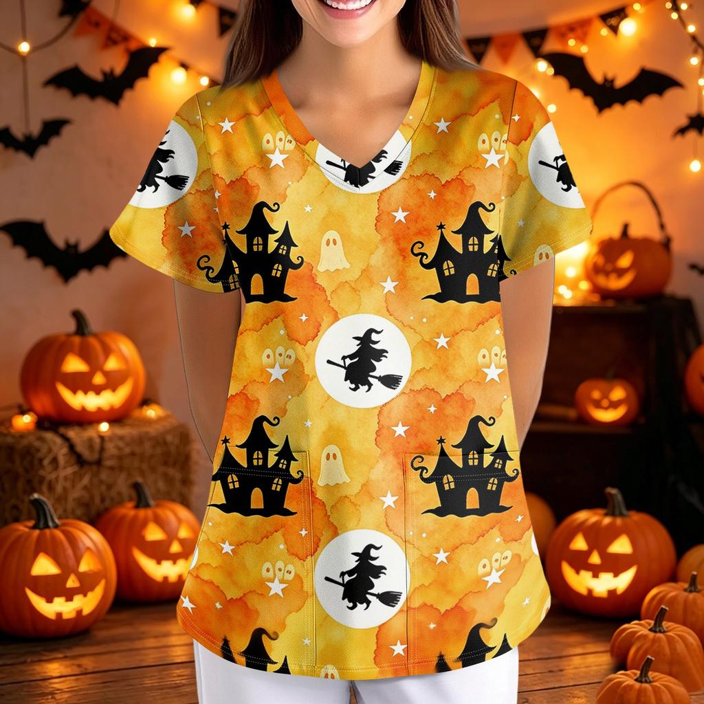 Women's Halloween Print Loose Fit V Neck Short Sleeve Medical Scrub Top with Pockets Comfortable Workwear for Healthcare Professionals