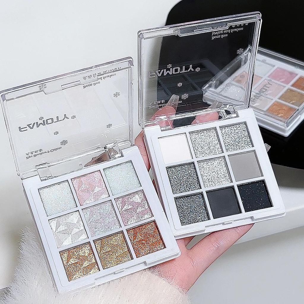 Nine-Color Shimmer & Matte Eyeshadow Palette with Iridescent and Pearlescent Highlights