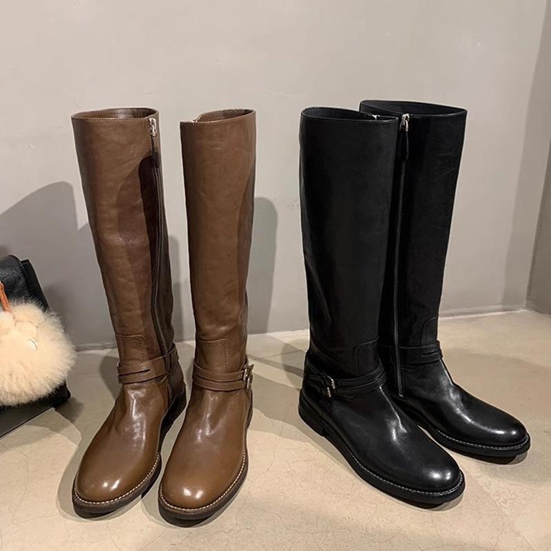 Cowhide~ Grape Mom Same Retro Boots Women's Double Buckle Belt But Knee Boots Side Zipper Thick Heel Knight Boots