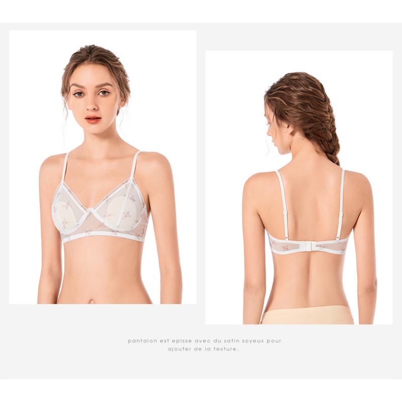 Mesh Trendy Floral Ear-free Underwear Thin Section Steel Ring-free Spaghetti Straps Double-breasted Bra Triangle Cup