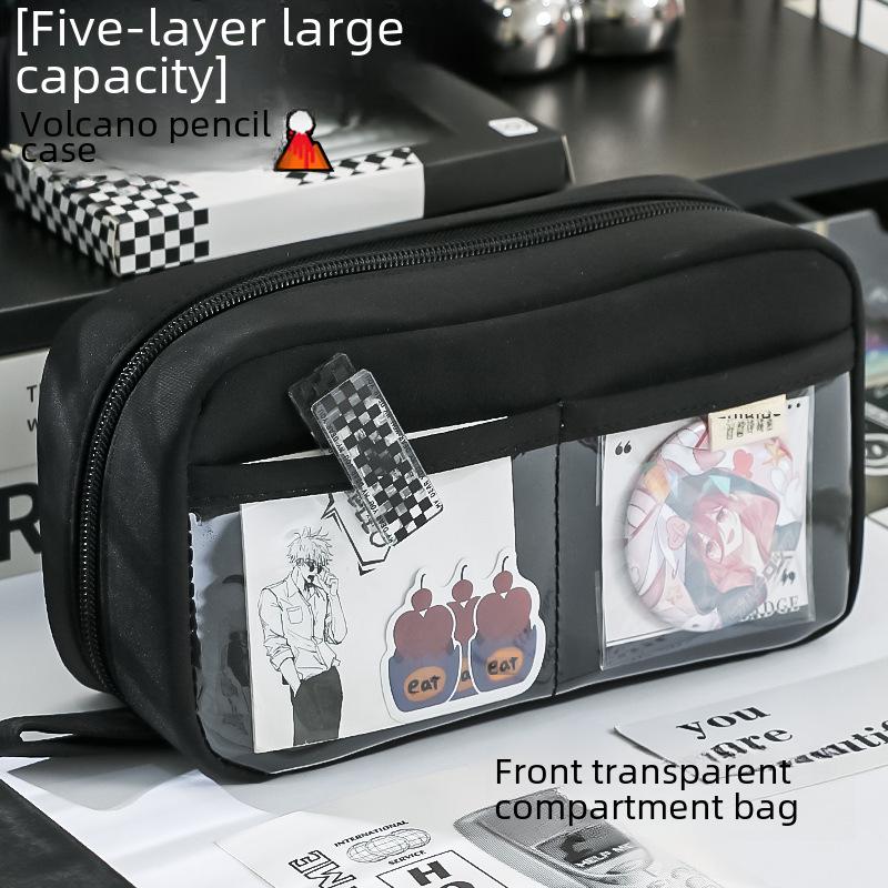 "2024 Volcano Transparent & Dirt-Resistant Pencil Case for Female Students - Large Capacity, High-Value Stationery Box"