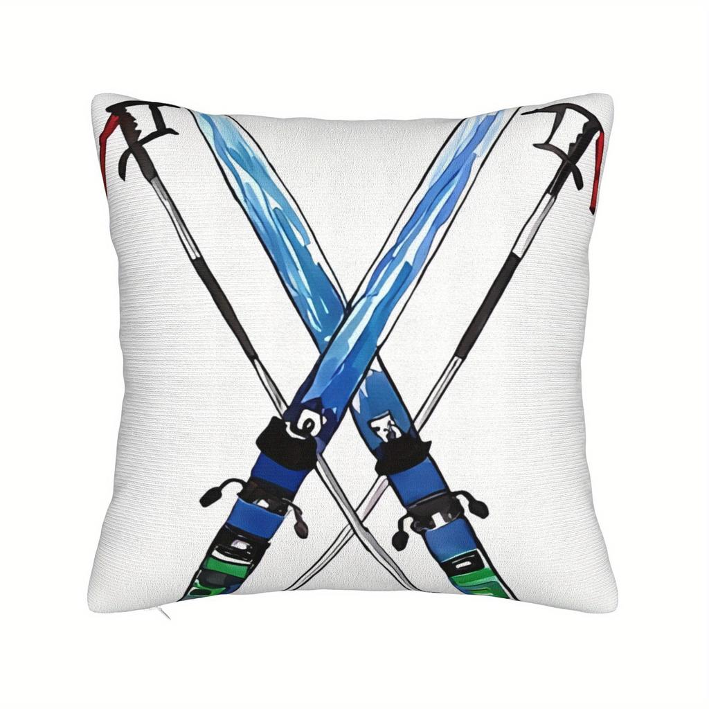 pc SkiThemed Cushion Cover Suitable for Sofa  Bed  Soft Durable Cover with Ski Equipment Machine Washable Decorative Cushio