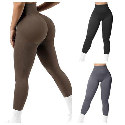 Pantalones de yoga acanalados para mujer, mallas de gimnasio de cintura alta, mallas deportivas sólidas para Fitness, mallas femeninas sin costuras, entrenamiento para correr, mallas de entrenamiento con Control de barriga
