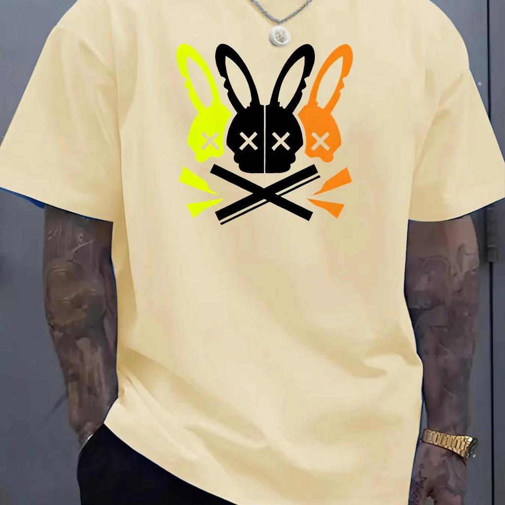 2025 Men's 100_ cotton summer loose fit large Rabbit Skull Graphic printed slim fit casual sports round neck short sleeved