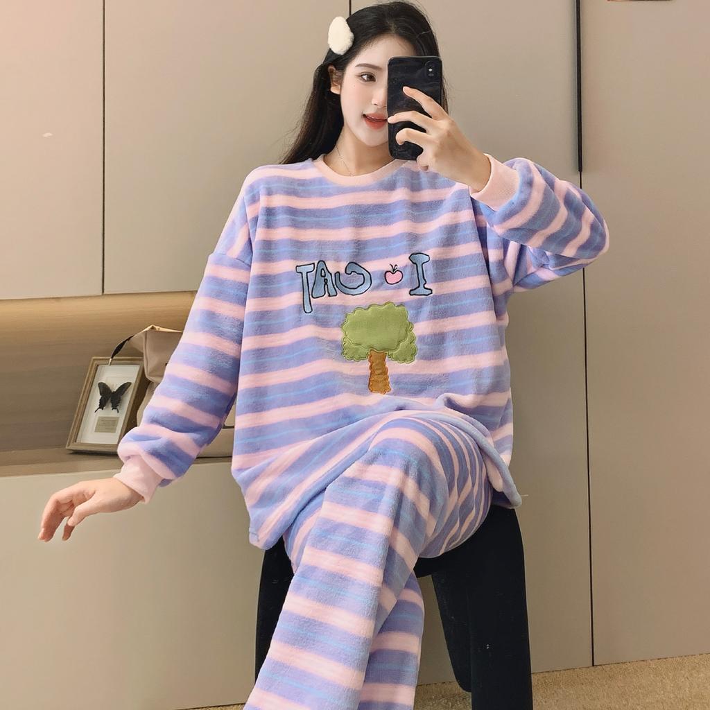 New 2025 Autumn Winter Warm Flannel Women Pijama Sets Thicken Coral Velvet Long Sleeve Cute cartoon purple Sleepwear Set Thin Flannel Pajamas Set