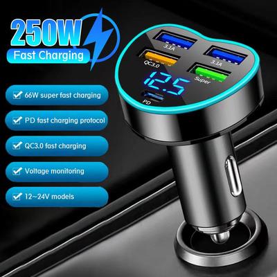 250W Car Charger 5 Ports USB Ports Super Fast Charging With Digital Display Quick Charging Adapter For IPhone J5H2