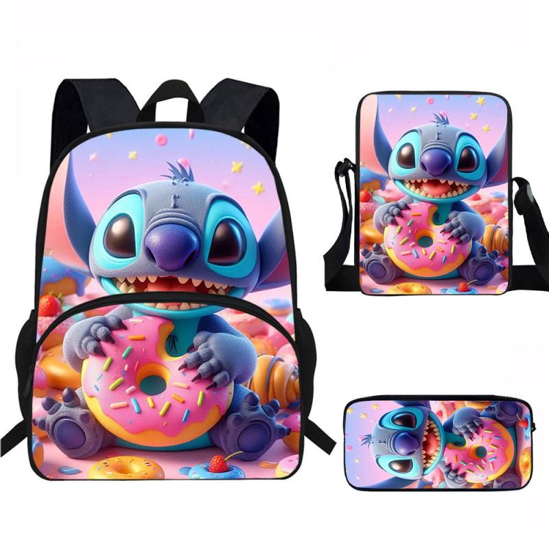 Stitch Kids School Backpack Set Elementary Students Oxford Fabric Ergonomic Design Printed Cartoon 3-Piece Bundle