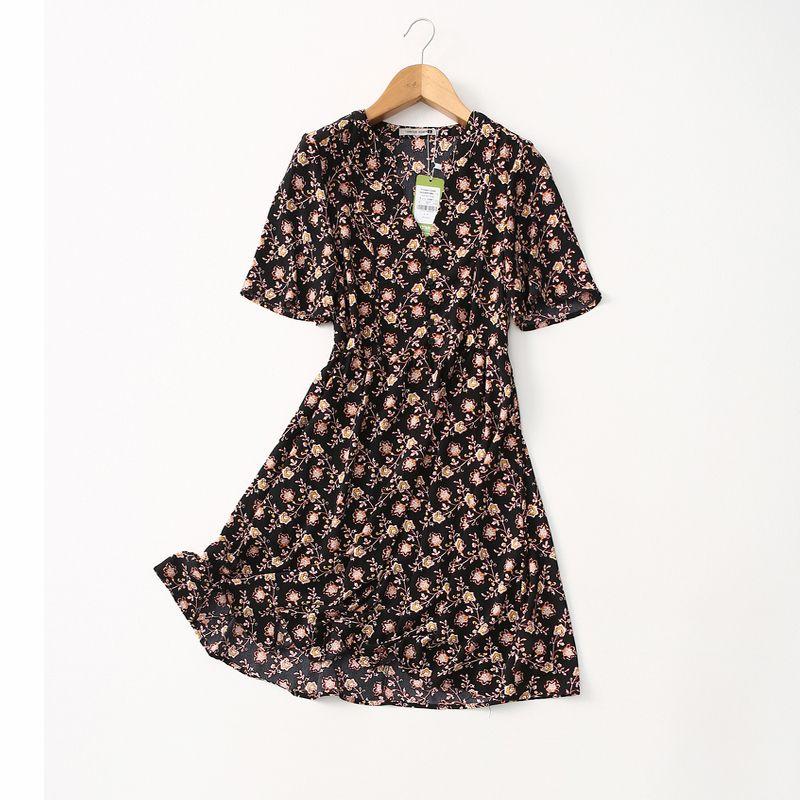 

Foreign Trade Original Order V-neck Waist-Controlled Slimming Half Buckle Retro Qing Guo Print Short Sleeve Chiffon Dress Women s Thin Black Print Eurocode-XL