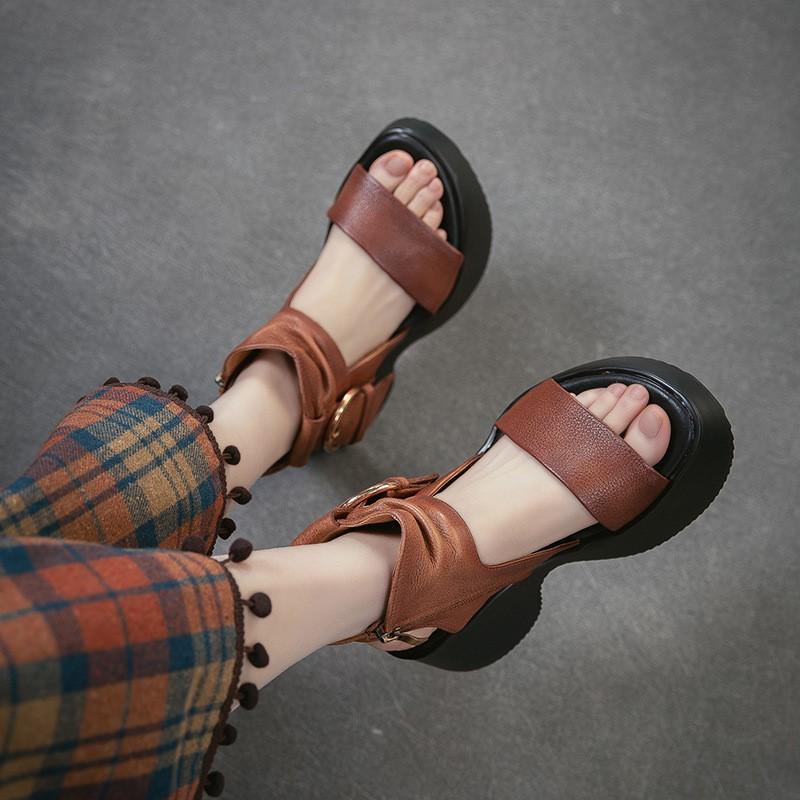 Johnature Thick Soled Sandals Genuine Leather Side Zipper Height Increasing Women's Platform Shoes