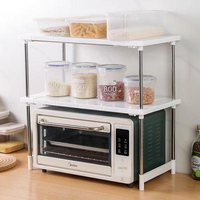Stainless Steel Double-Layer Kitchen Rack: Adjustable, Multi-Function Storage Solution.
